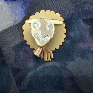 Vintage golden Sheep Lamb bobble head with bell funny pin brooch